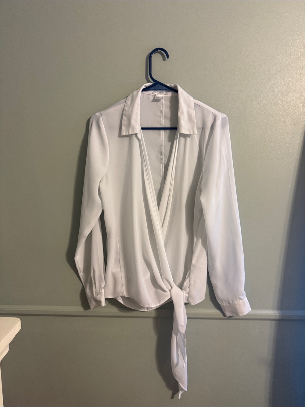 VENUS White Wrap Tie Blouse with Collar